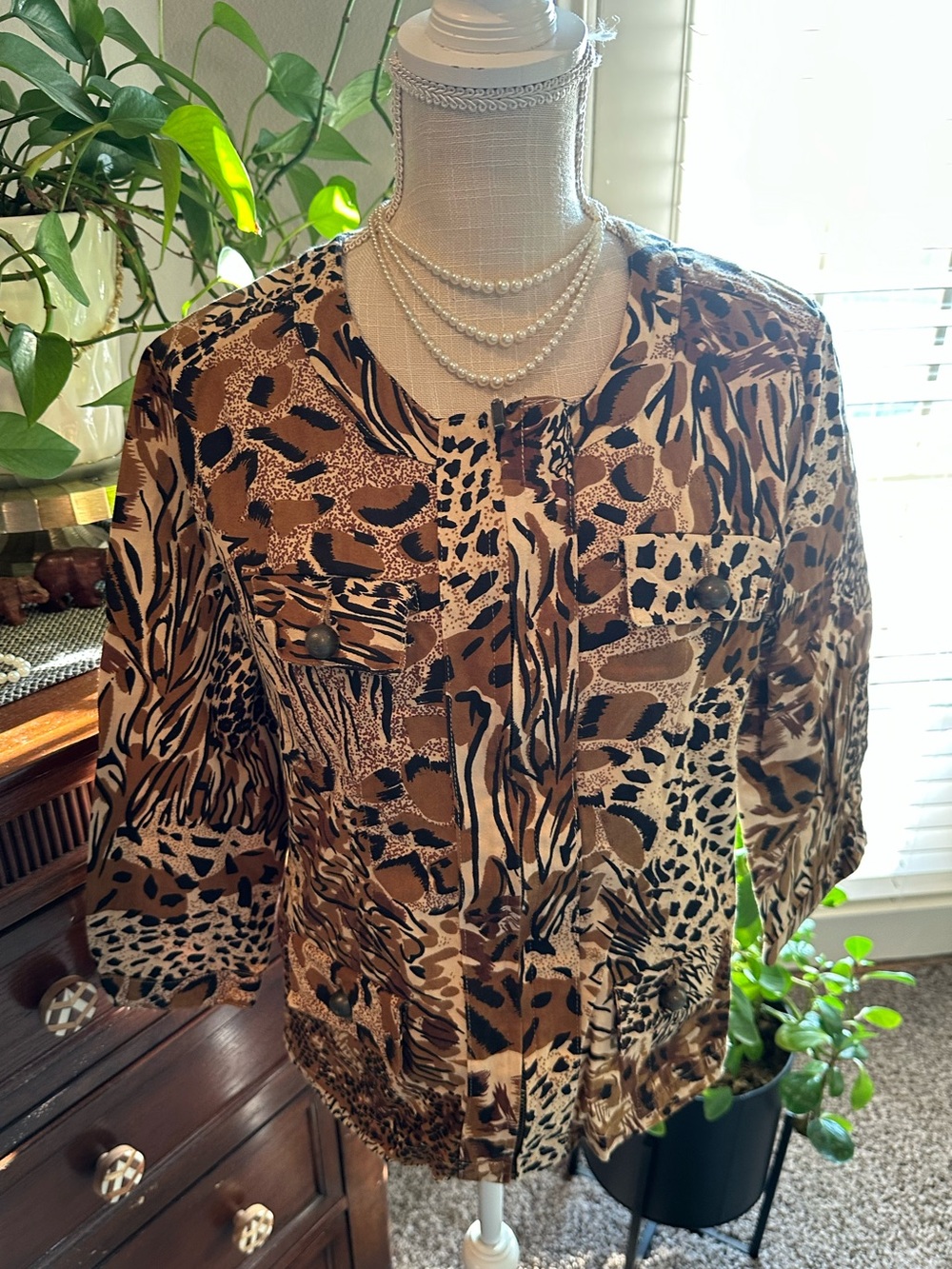 Vintage Westbound Brown Animal Print Button-Front Blazer